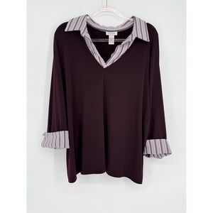 Avenue Stretch Sz 22/24 Women's Purple Top Striped Collar & Cuffs Long‎ Sleeve